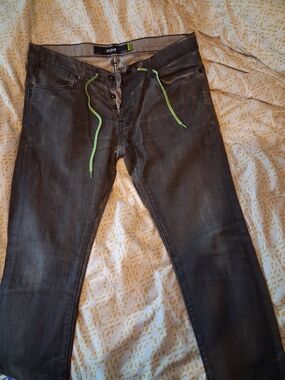 KR3W Lizard King K Skinny Men's Black-Gray Skinny Jeans with Lime Drawstring